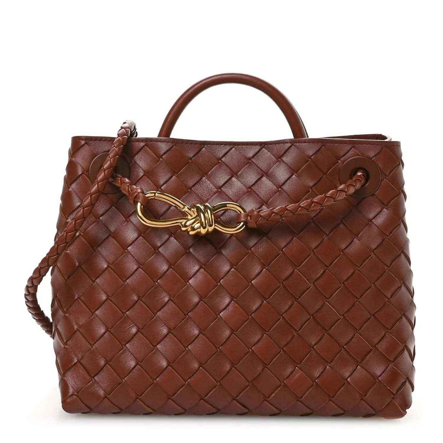 Small woven leather shoulder bag in Sapele brown with top handle and gold clasp