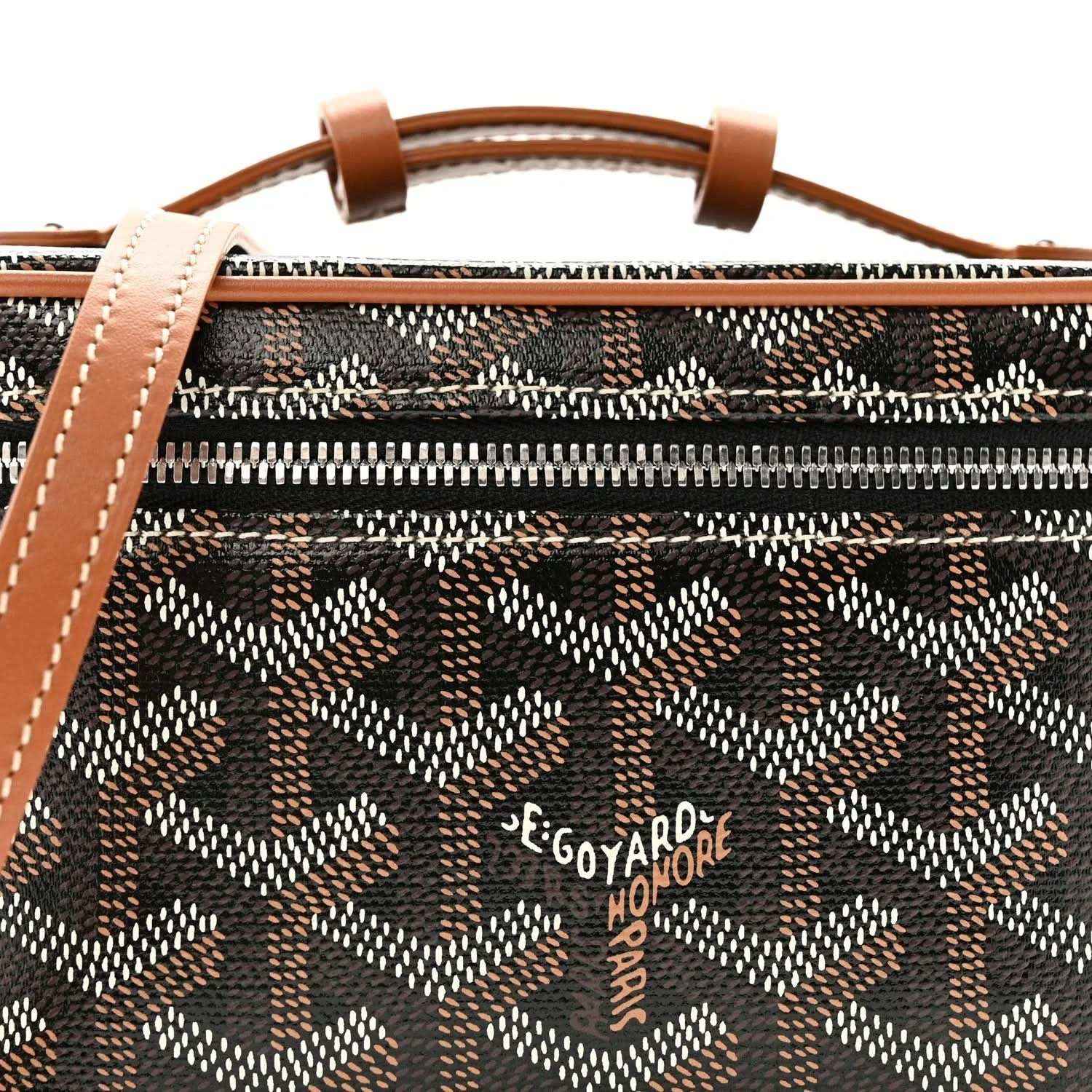 Mini vanity case front view with top handles; dark monogram canvas and zip