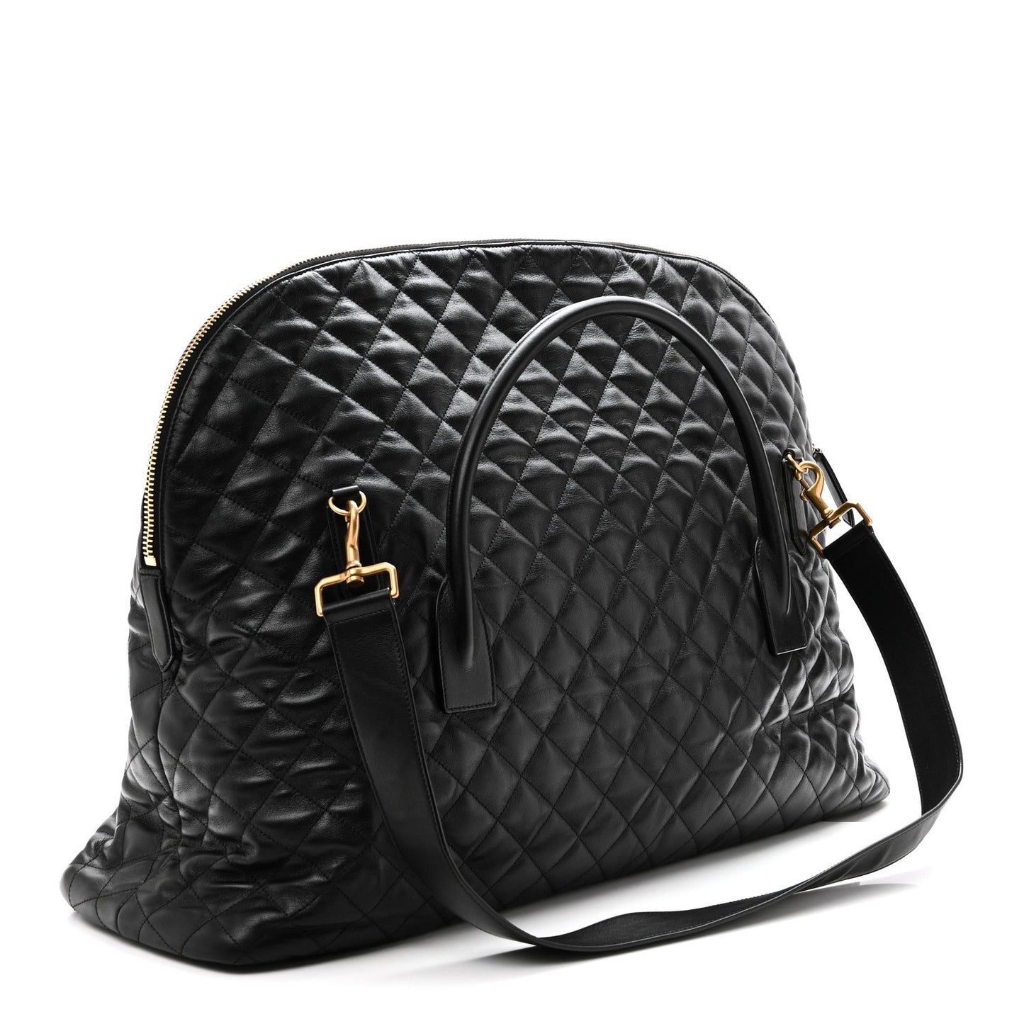Saint Laurent ES quilted travel bag in black leather, front zipper and gold logo plaque.