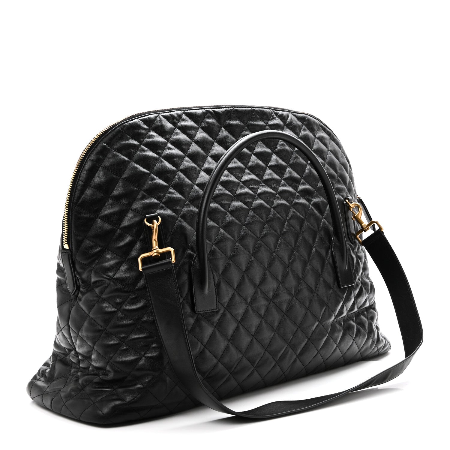 Saint Laurent ES quilted travel bag in black leather, front zipper and gold logo plaque.