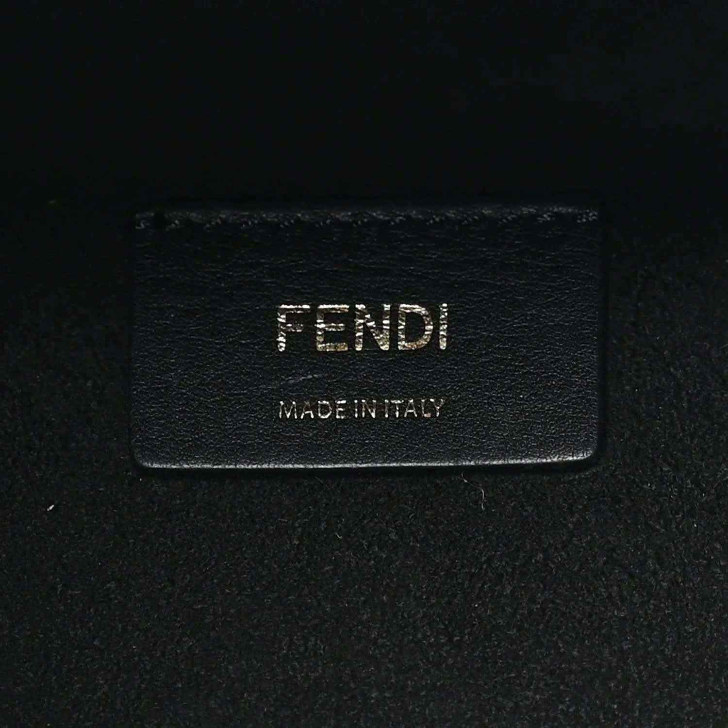 Black leather tote bag brand patch with FENDI and Made in Italy text