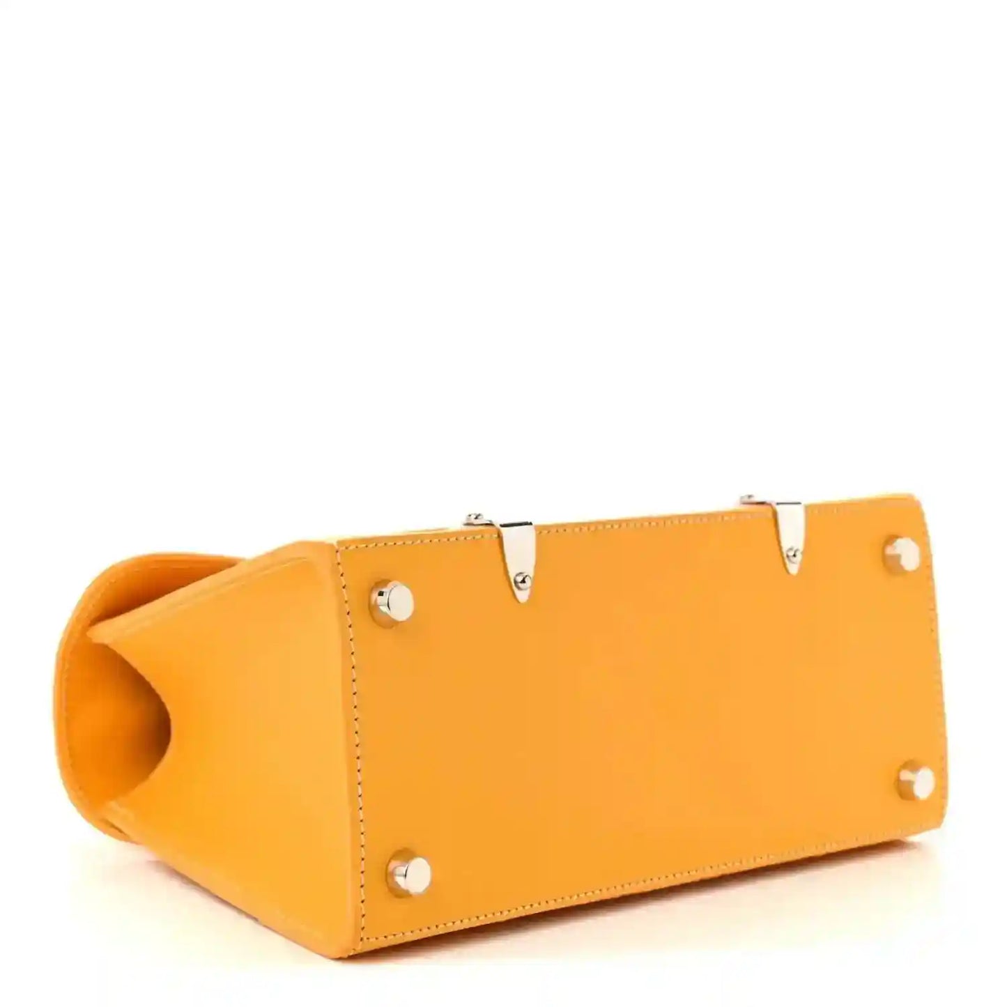 Yellow leather-trim handbag with metal studs, eyelets, and open top side shape.