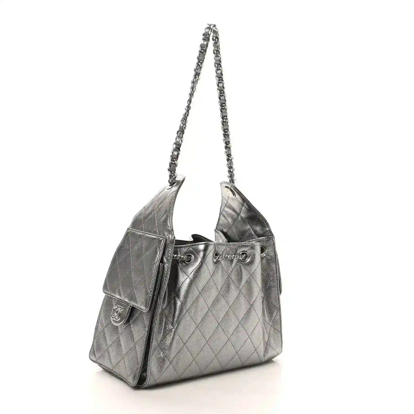 Chanel metallic quilted small handbag with chain strap and front flap pocket