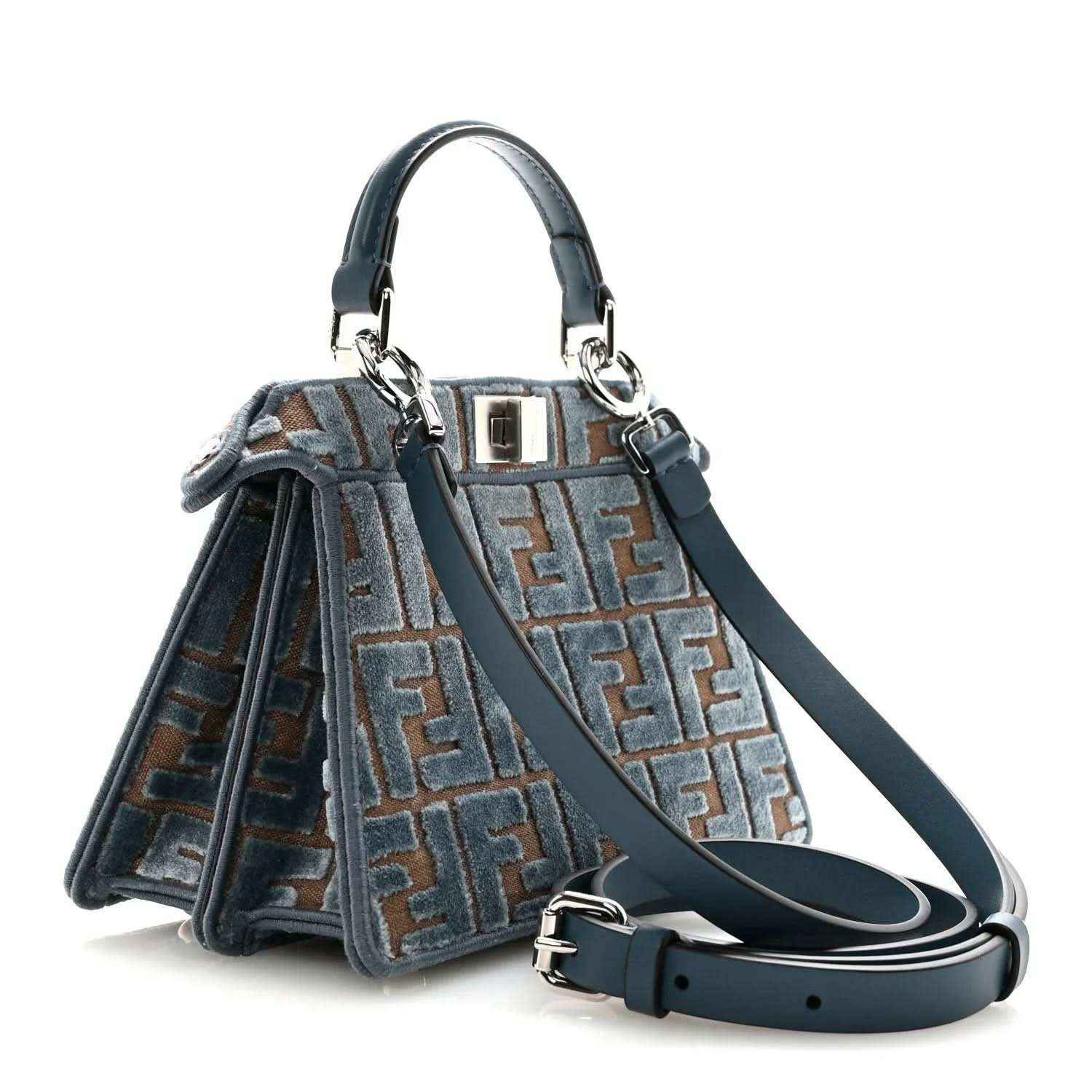 Small satchel with FF jacquard pattern, blue velvet, navy leather trim, crossbody strap