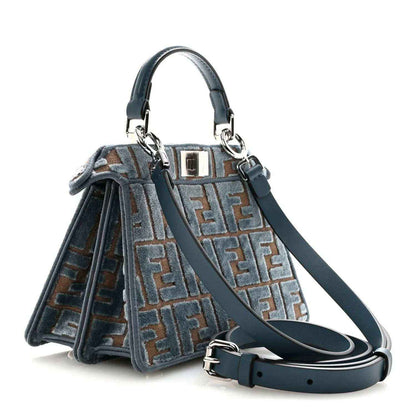 Small satchel with FF jacquard pattern, blue velvet, navy leather trim, crossbody strap