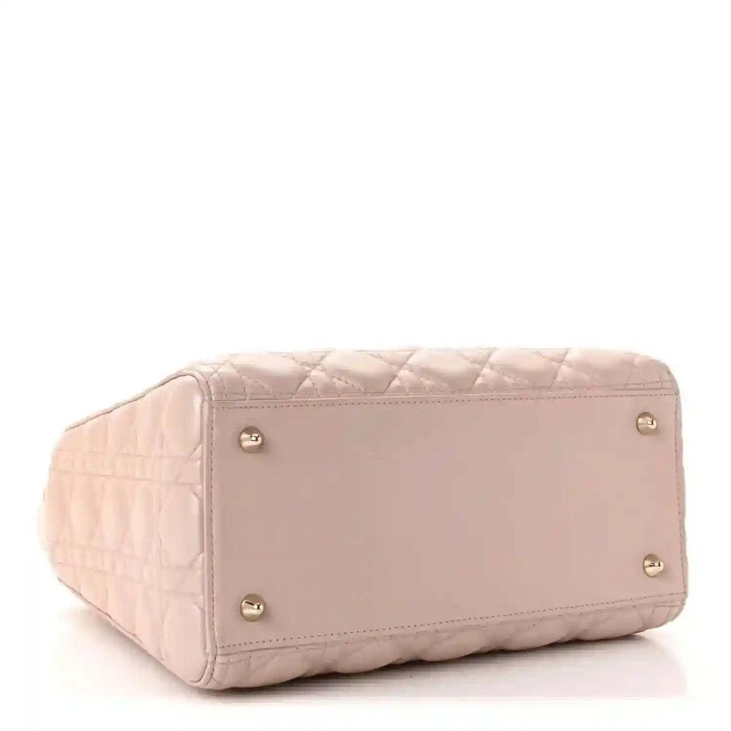 Light pink quilted medium handbag with gold stud feet and stitched base panel
