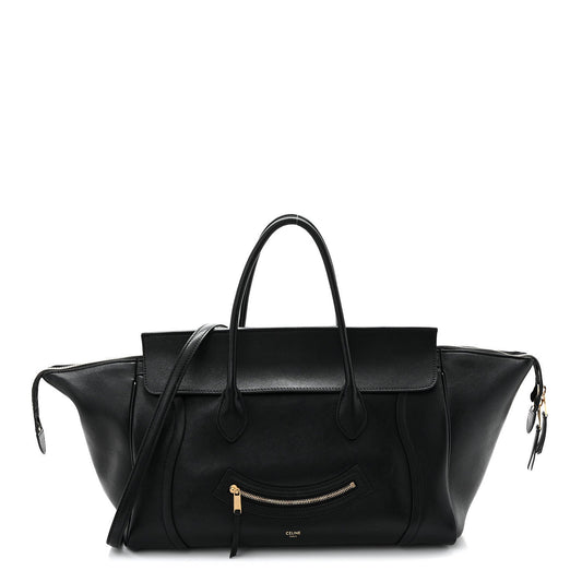 Celine black leather tote bag with top handles and front zipper pocket