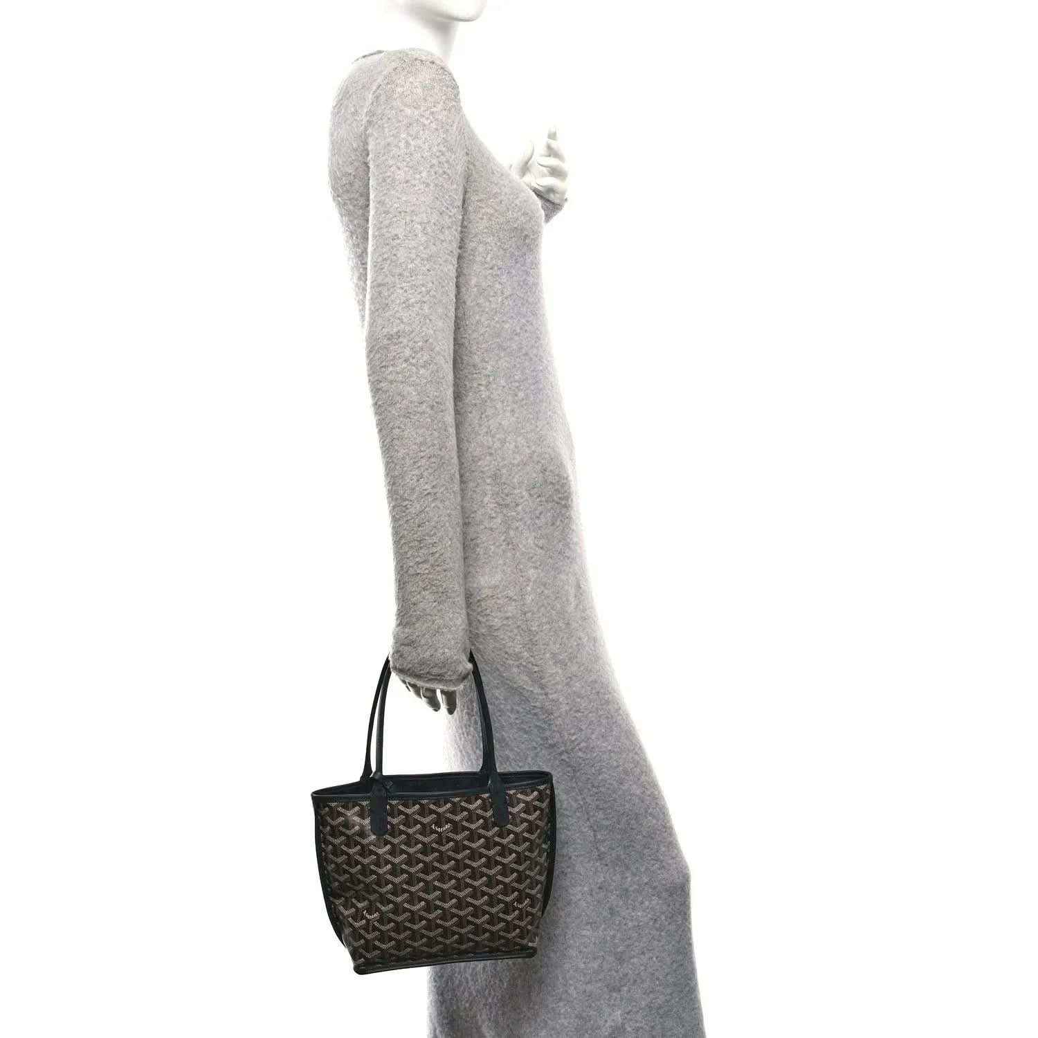 Goyard monogram mini tote bag with side view and small pouch-style pocket.