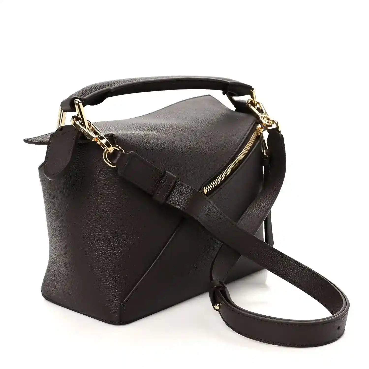 Dark chestnut grained leather small bag with gold-tone hardware and long crossbody strap