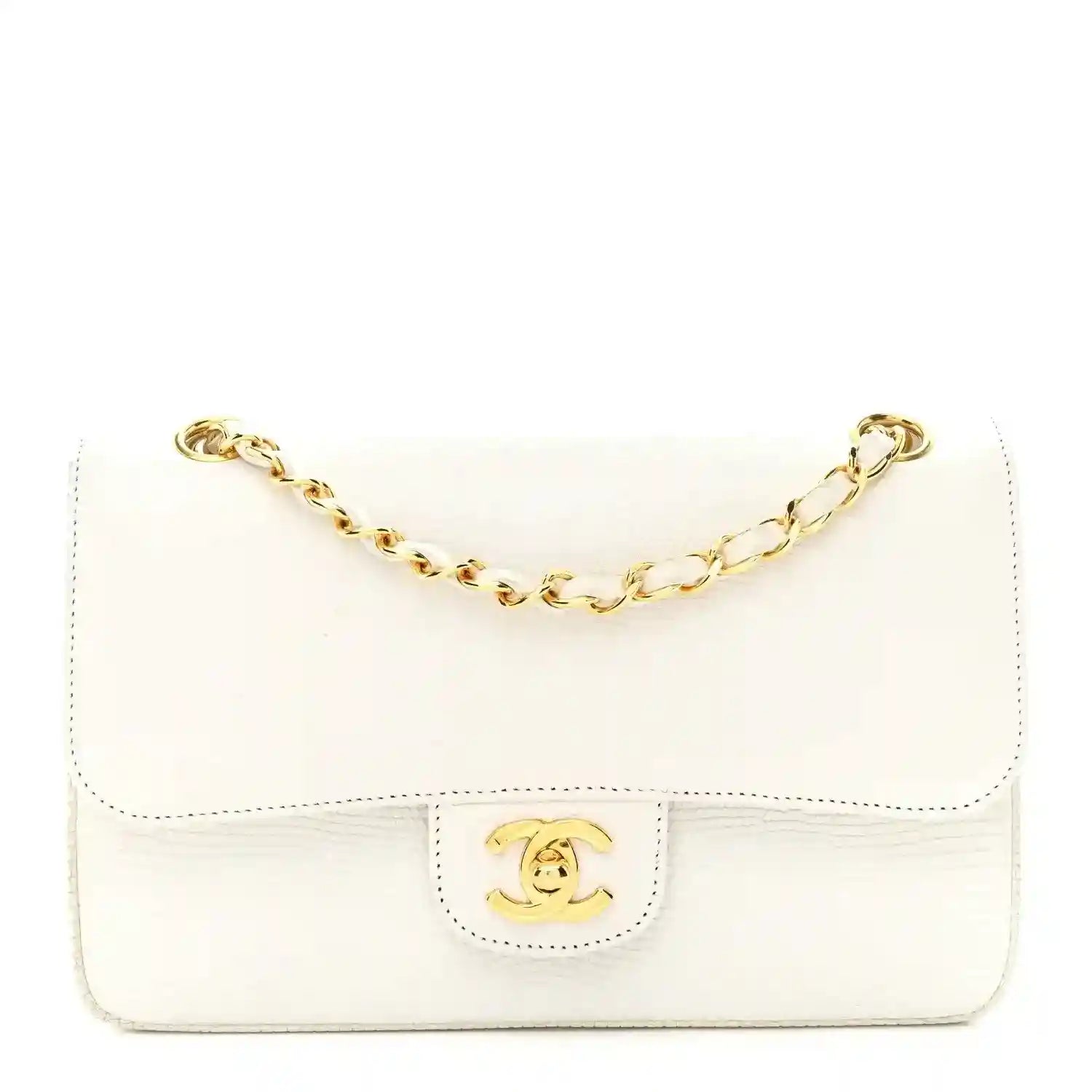 White leather flap shoulder bag with gold chain strap and Chanel logo medallion