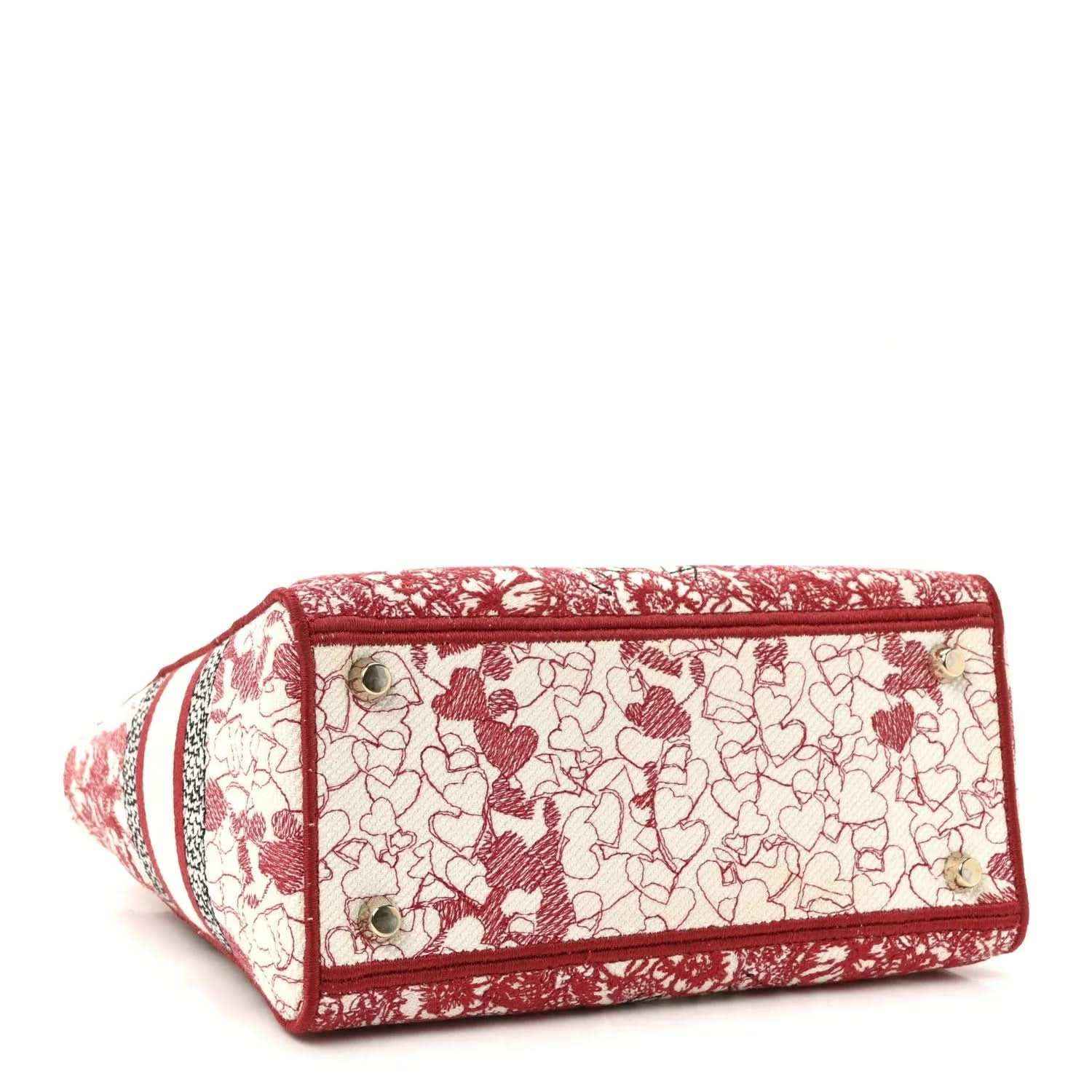 Medium Lady D-Lite handbag with red trim and floral embroidered canvas, top zip