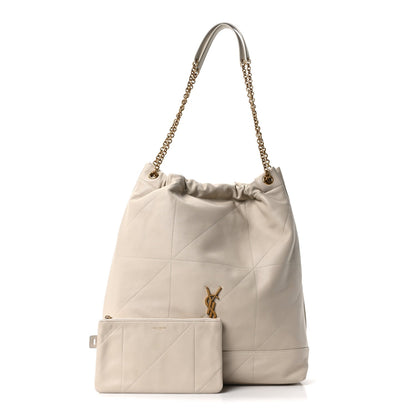 Off-white lambskin shoulder bag with gold chain handles and YSL logo front