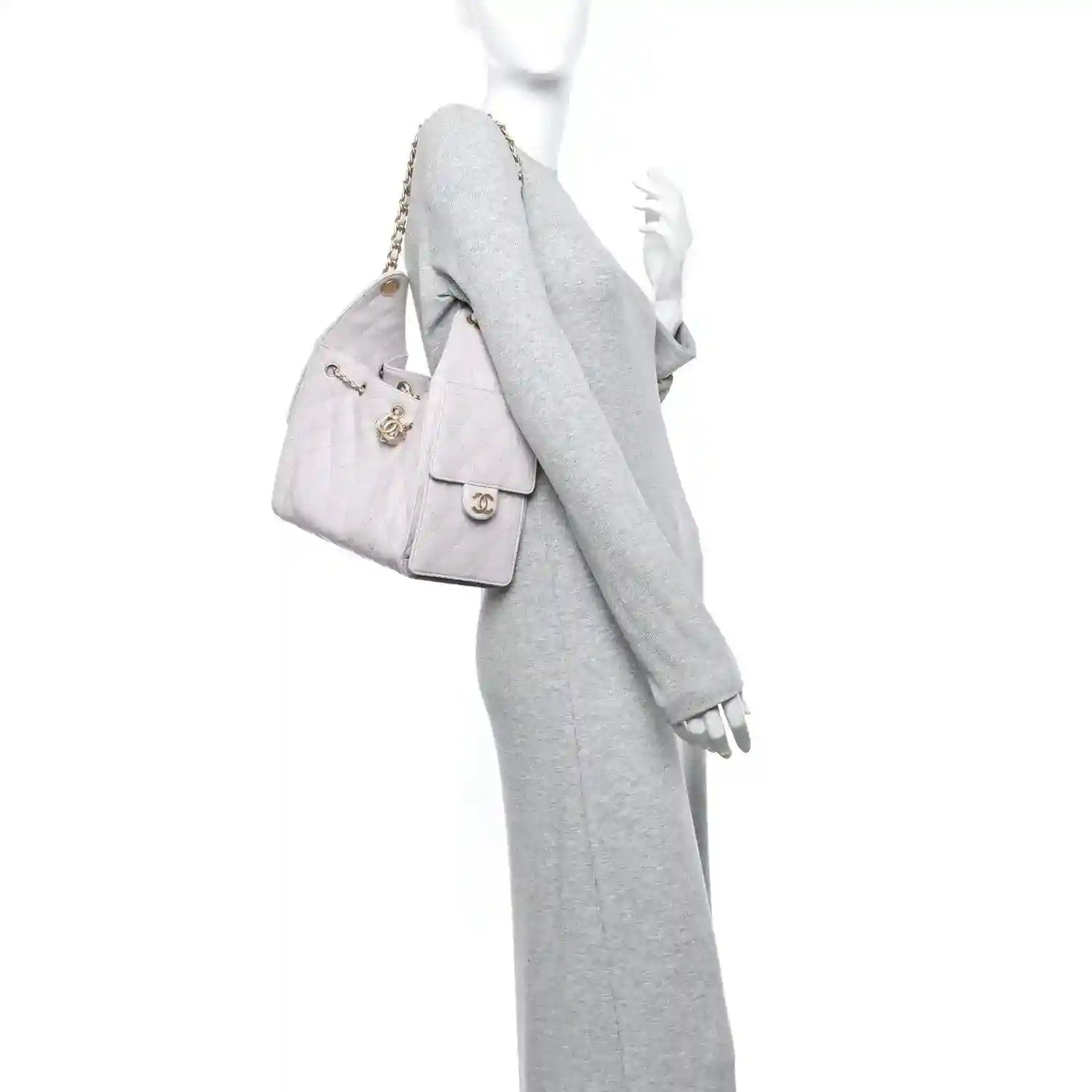 Lilac quilted small handbag with gold chain strap and attached front cardholder pouch