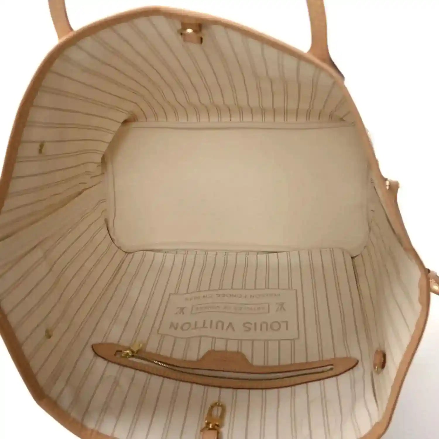 Louis Vuitton Damier Azur tote bag interior with stitched lining and leather trim