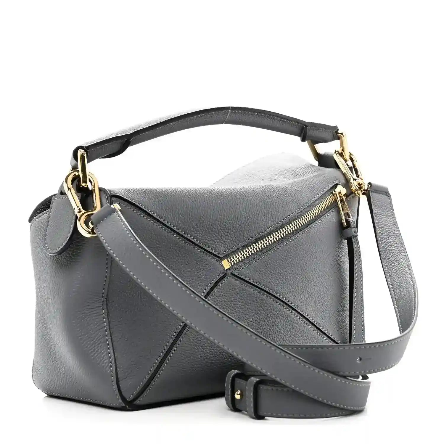 Small puzzle bag in dark gray leather with gold-tone hardware and zip pocket front