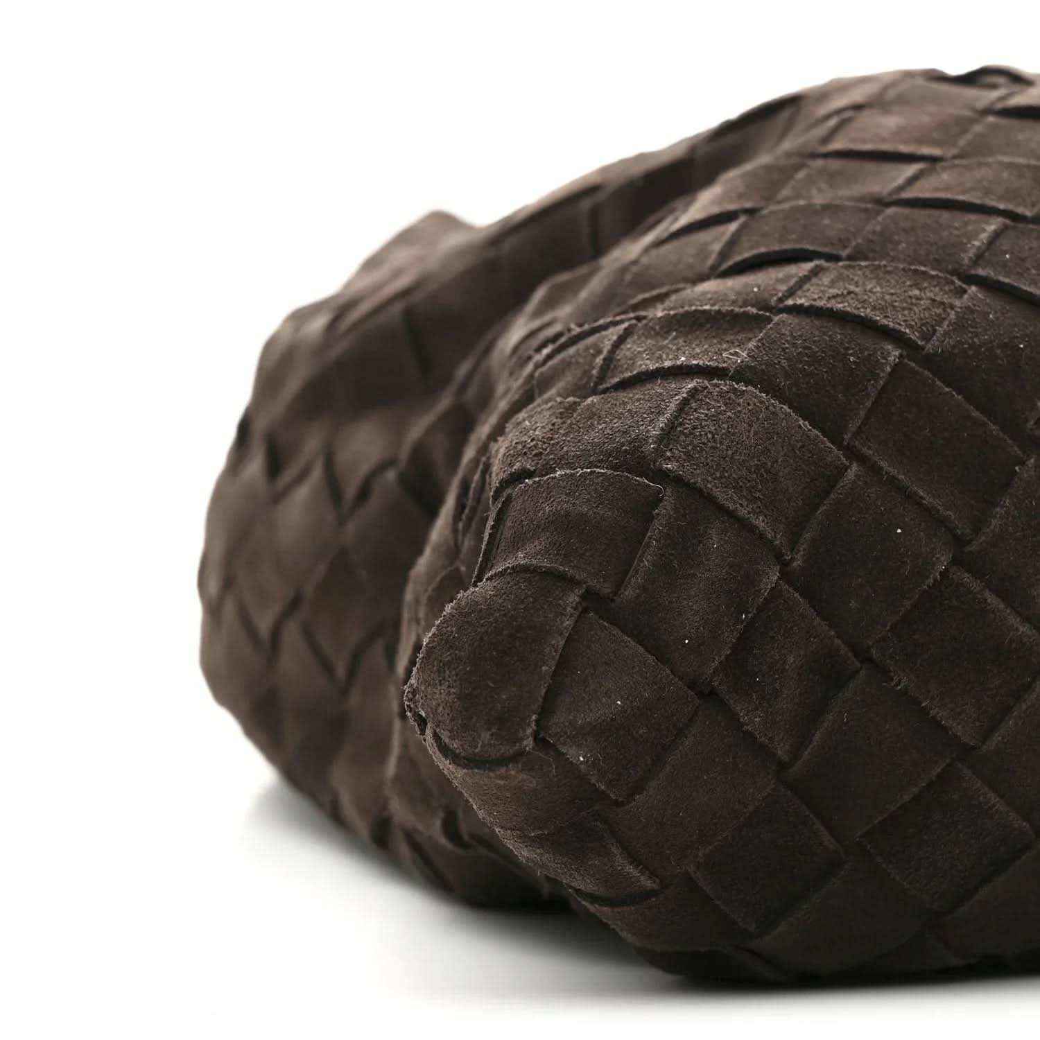 Suede intrecciato hobo bag end detail with woven panels, dark brown