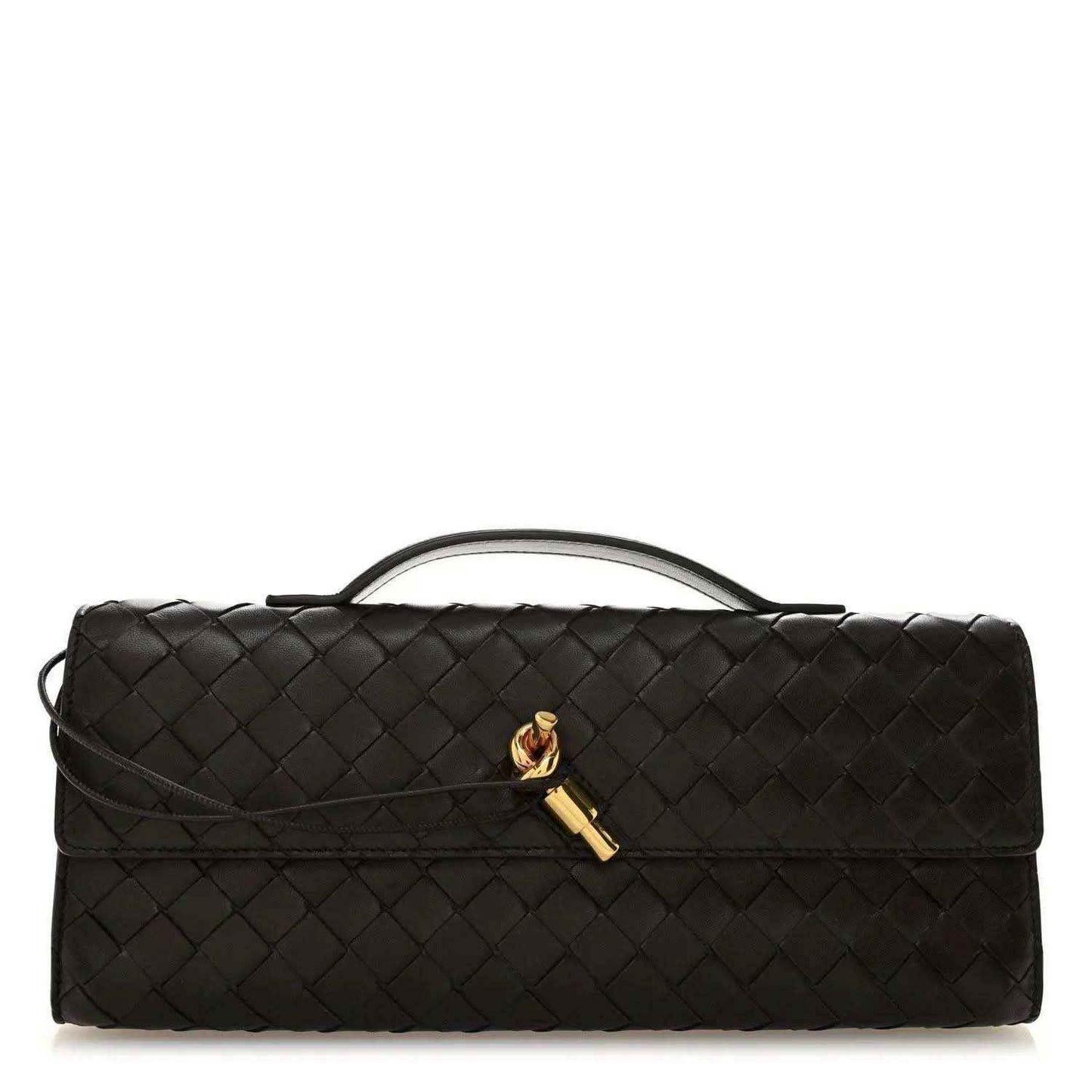 Black intrecciato nappa top-handle clutch with flap and gold clasp hardware