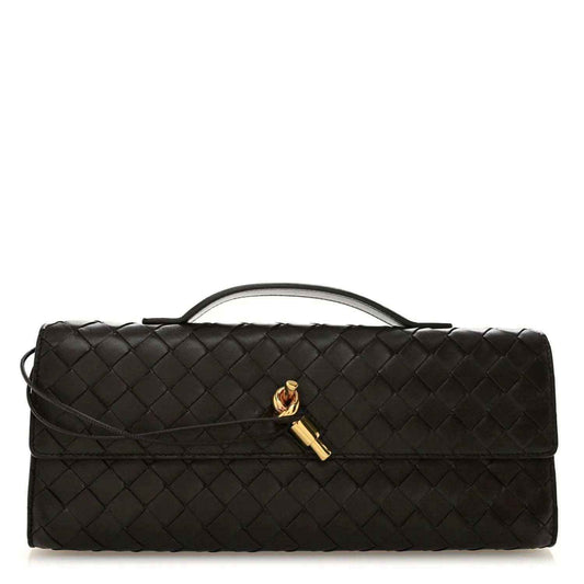 Black intrecciato nappa top-handle clutch with flap and gold clasp hardware