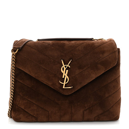 Small quilted suede satchel with flap and YSL monogram, dark brown, gold chain