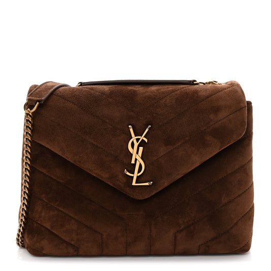 Small quilted suede satchel with flap and YSL monogram, dark brown, gold chain