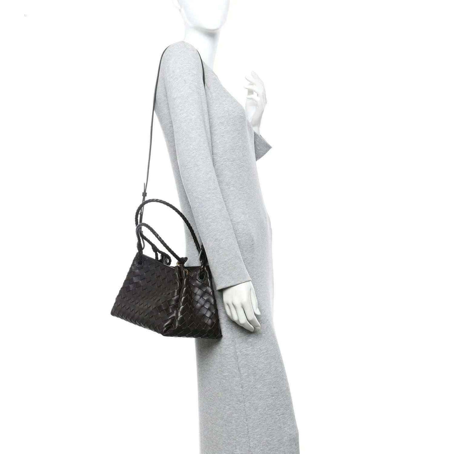 Black intrecciato shoulder bag with adjustable crossbody strap
