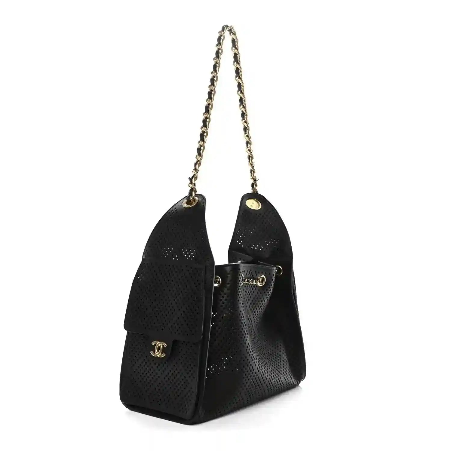 Chanel small handbag in black perforated calfskin with gold chain and front logo