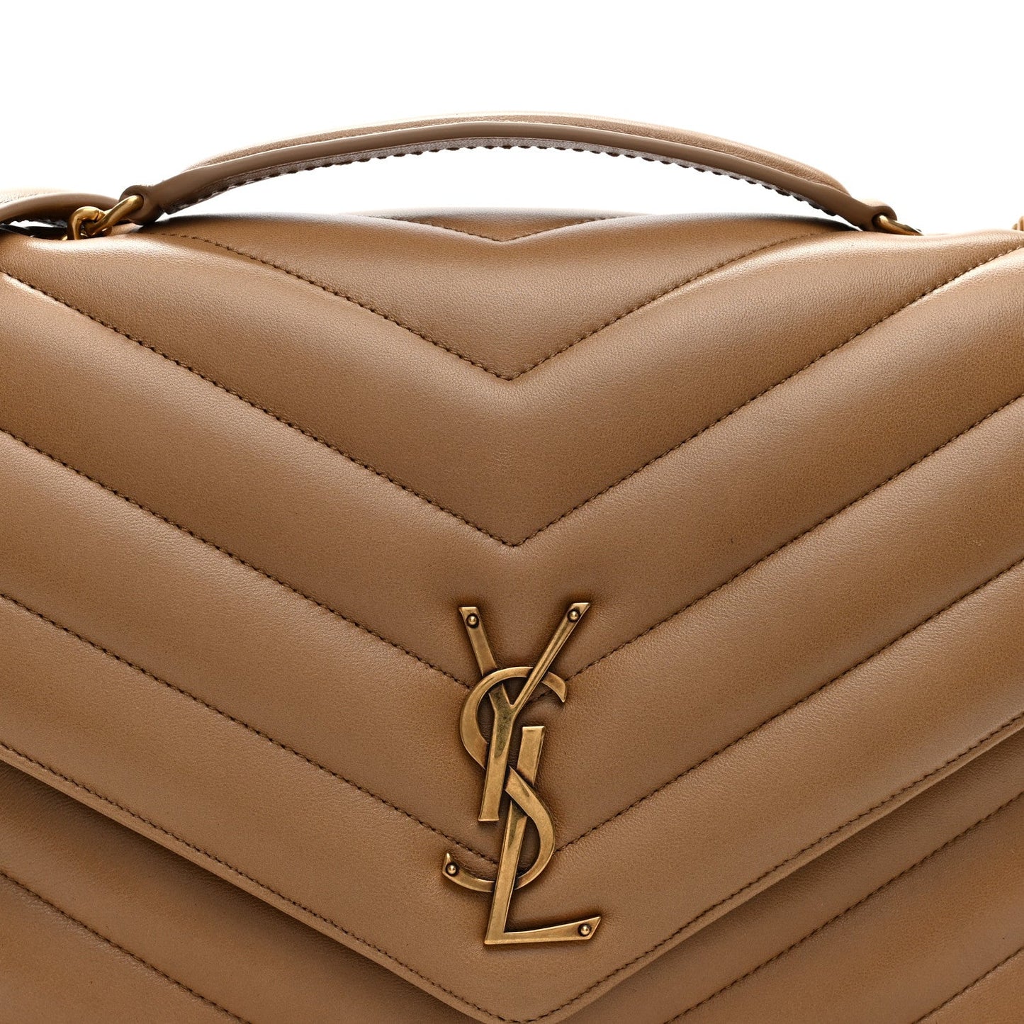 Chevron quilted flap detail with gold-tone YSL clasp on natural tan leather