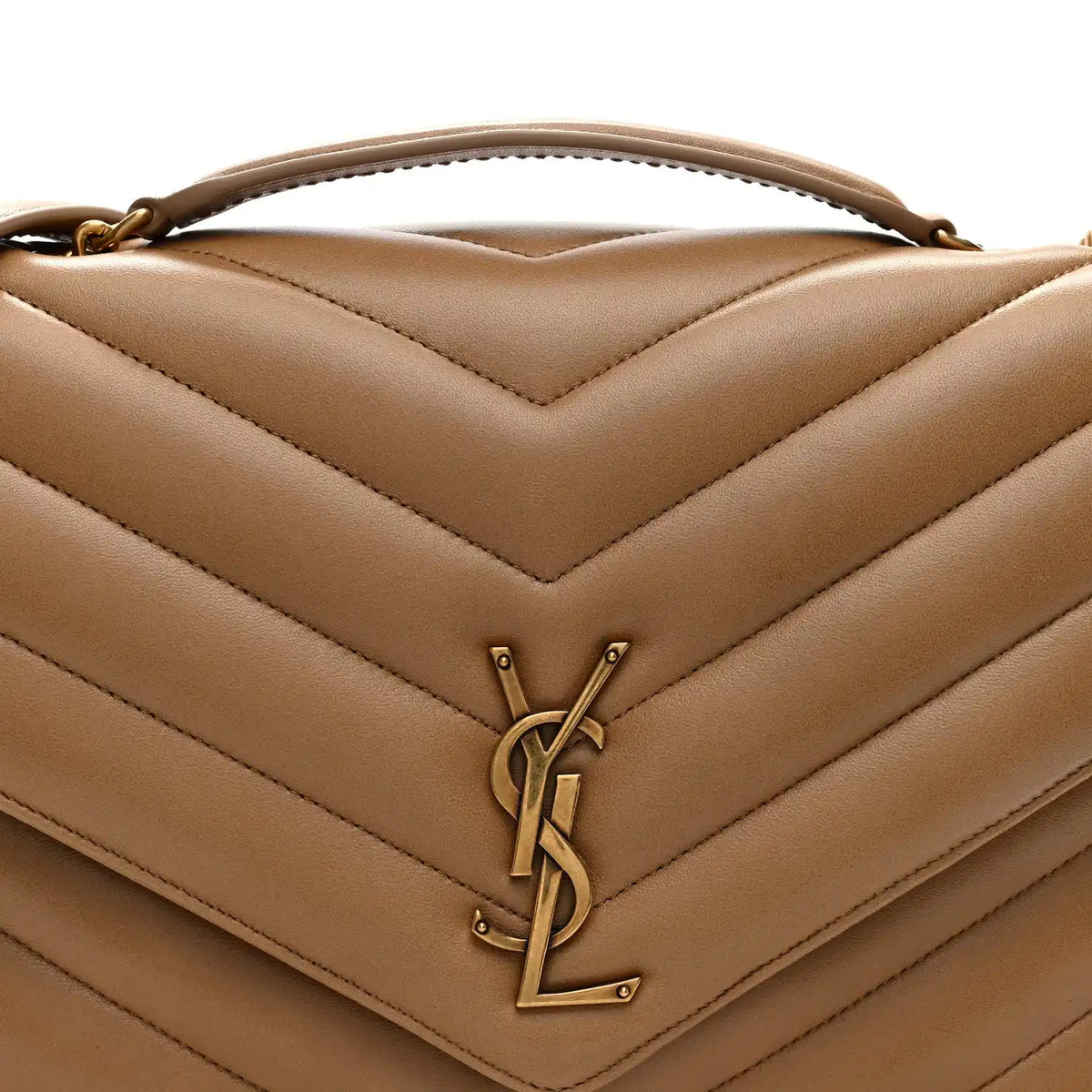 Chevron quilted flap detail with gold-tone YSL clasp on natural tan leather