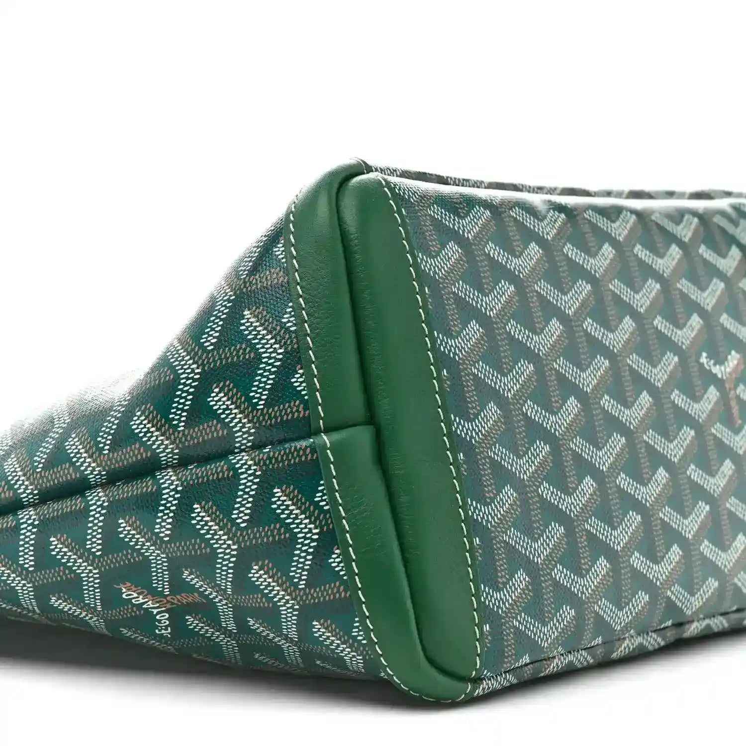Goyard Artois PM tote bag side view with green leather piping and stitching