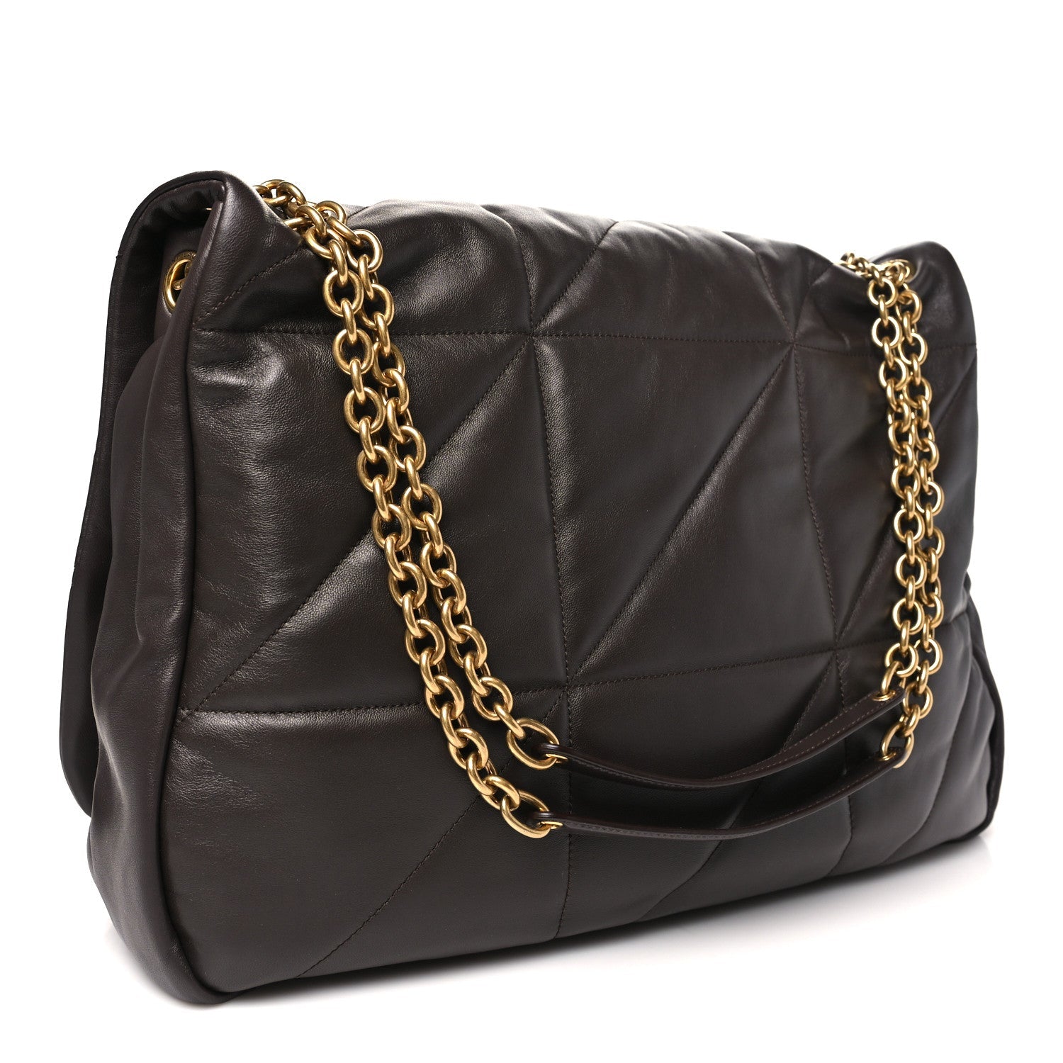 Saint Laurent lambskin quilted shoulder bag, dark brown, back view with gold chain.
