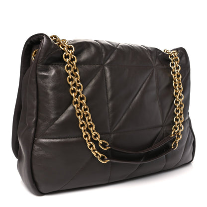 Saint Laurent lambskin quilted shoulder bag, dark brown, back view with gold chain.