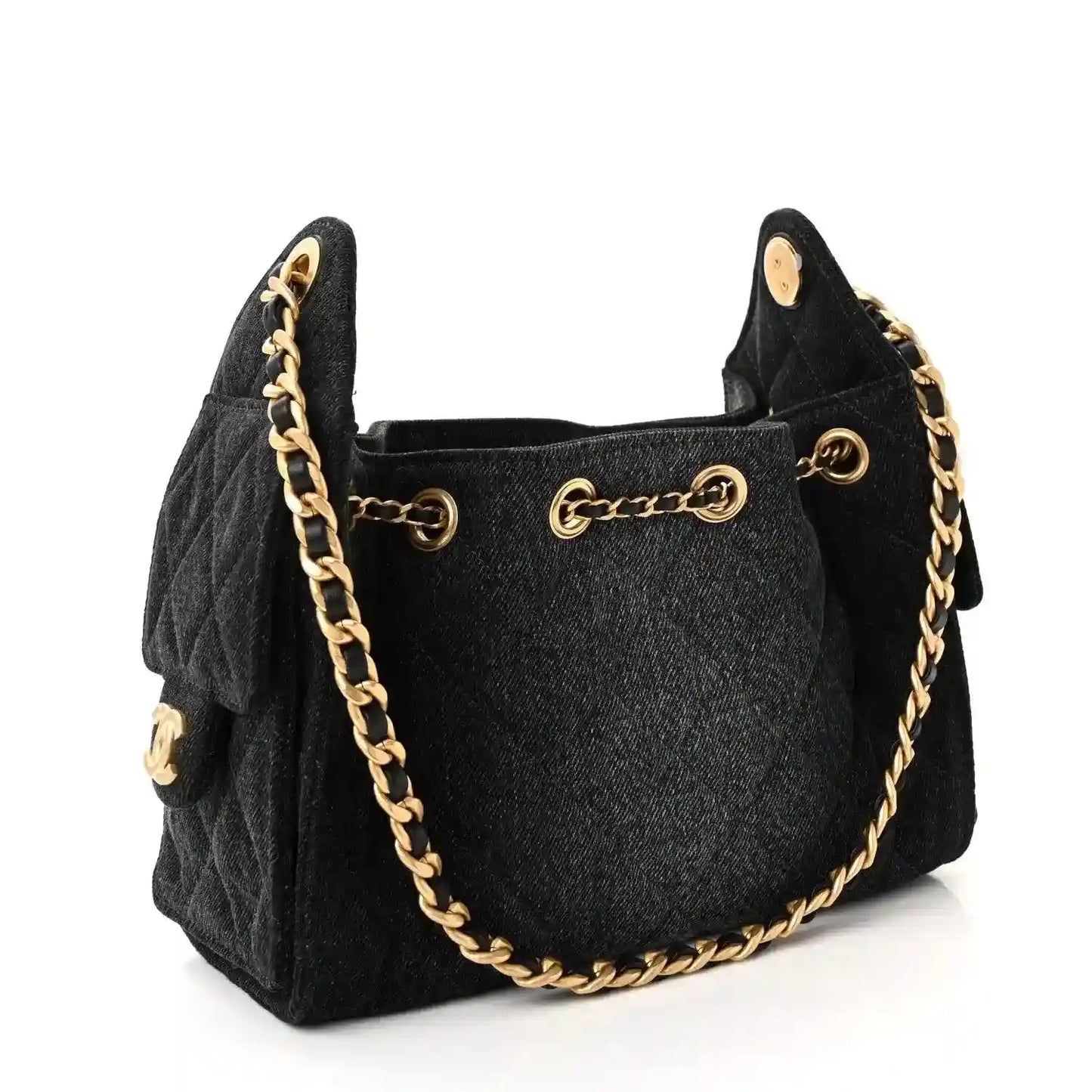 Black quilted mini handbag with gold chain straps and turn-lock style logo closure