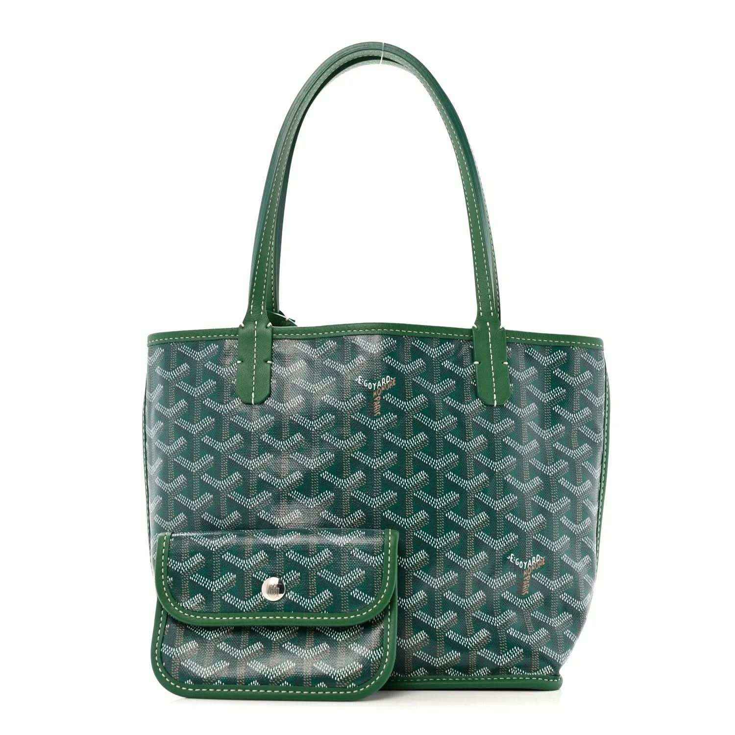Green patterned mini tote bag with front flap pocket and snap closure