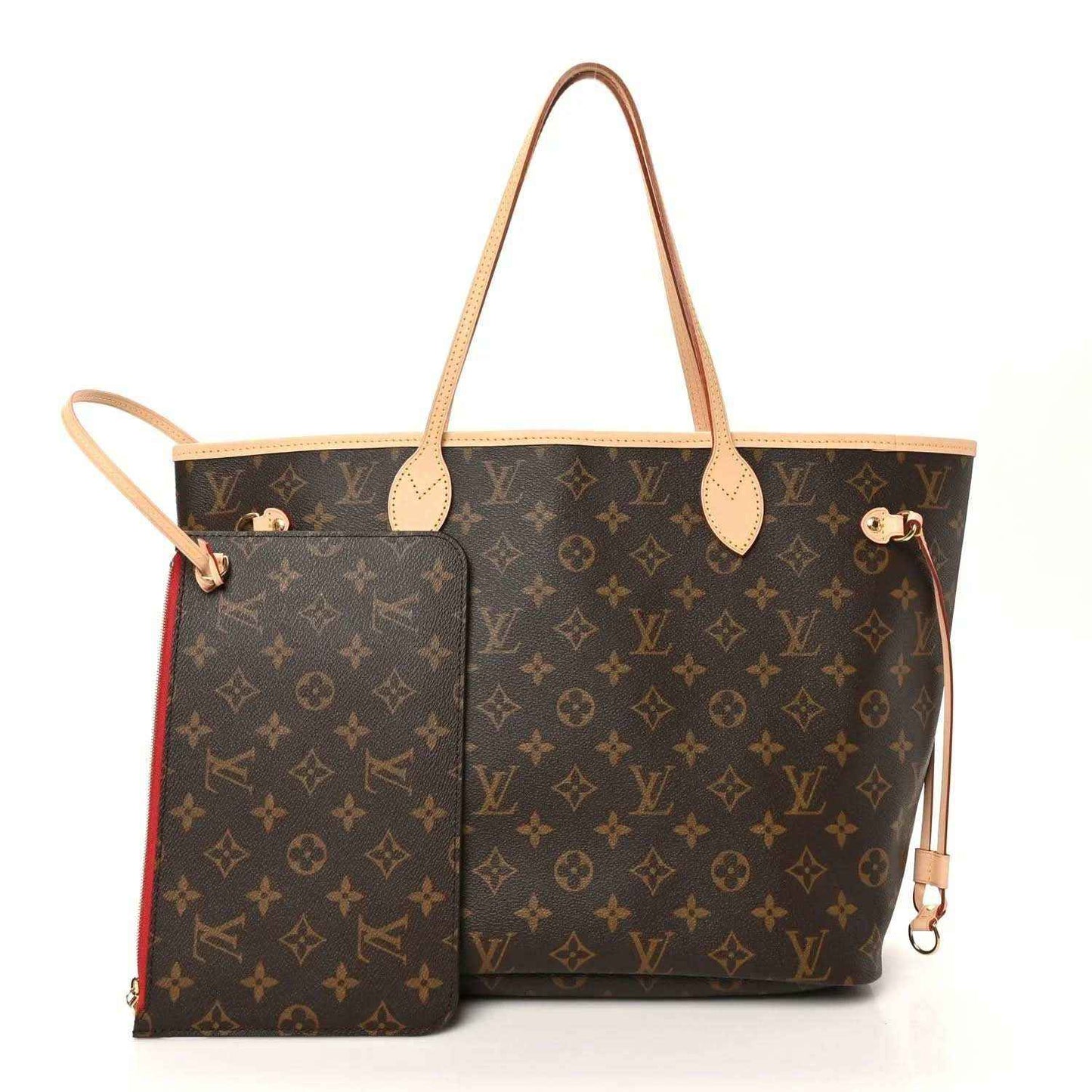 Louis Vuitton monogram tote bag with side pouch, dark brown canvas and tan trim