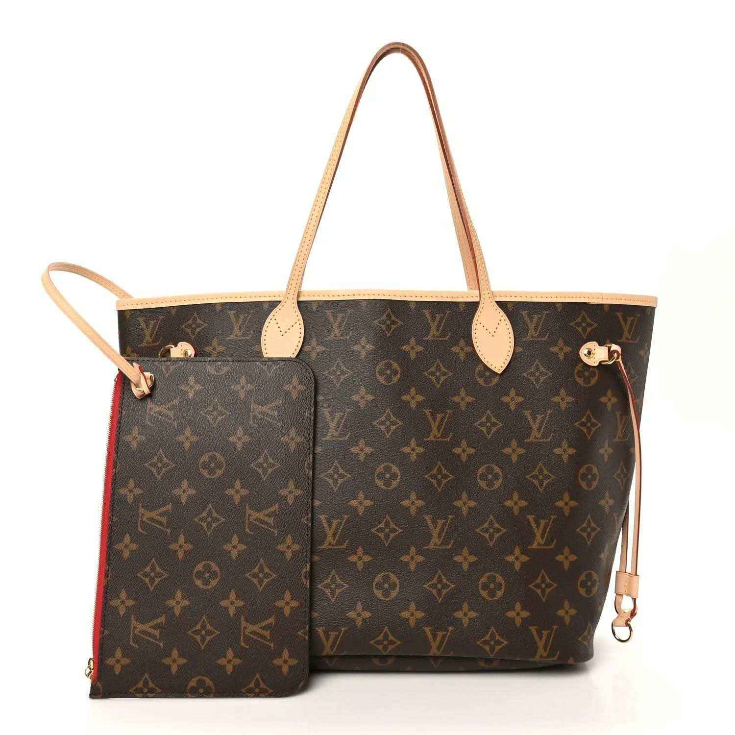 Louis Vuitton monogram tote bag with side pouch, dark brown canvas and tan trim