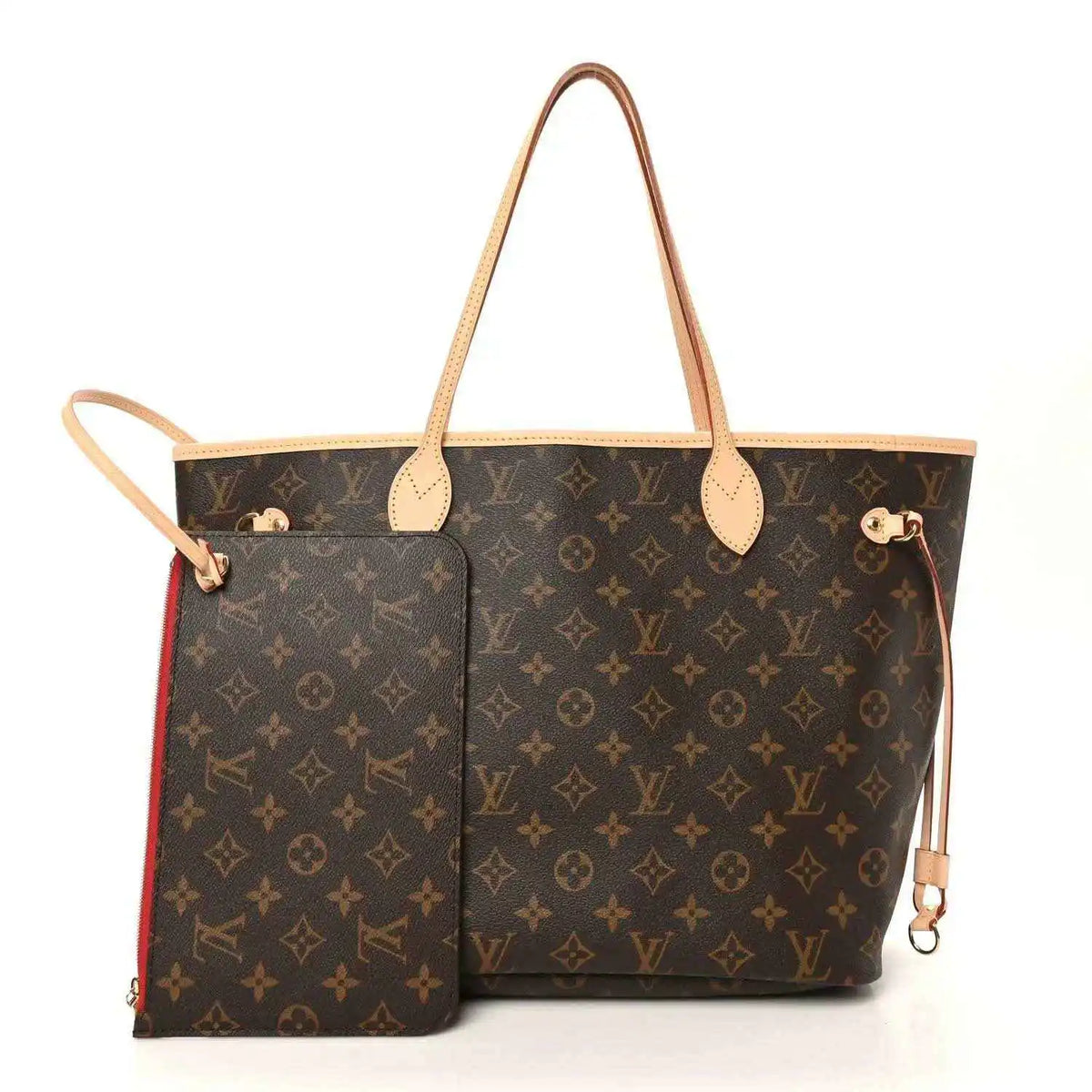 Louis Vuitton monogram tote bag with side pouch, dark brown canvas and tan trim