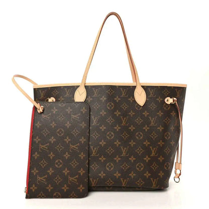 Louis Vuitton monogram tote bag with side pouch, dark brown canvas and tan trim