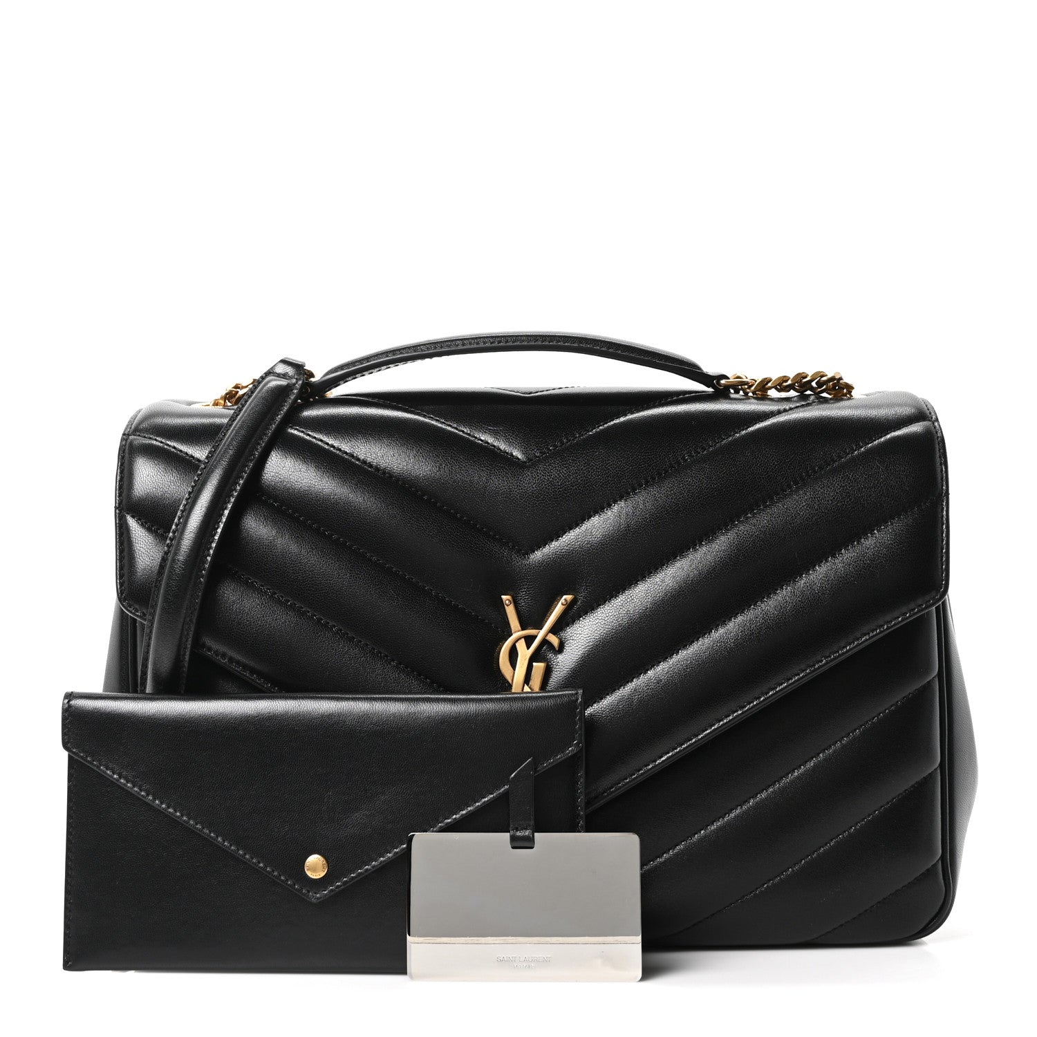Black quilted lambskin large shoulder bag with gold YSL logo and chain strap