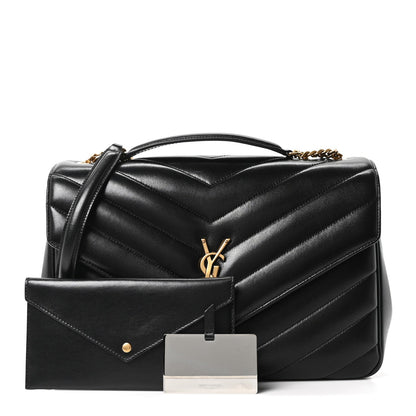 Black quilted lambskin large shoulder bag with gold YSL logo and chain strap