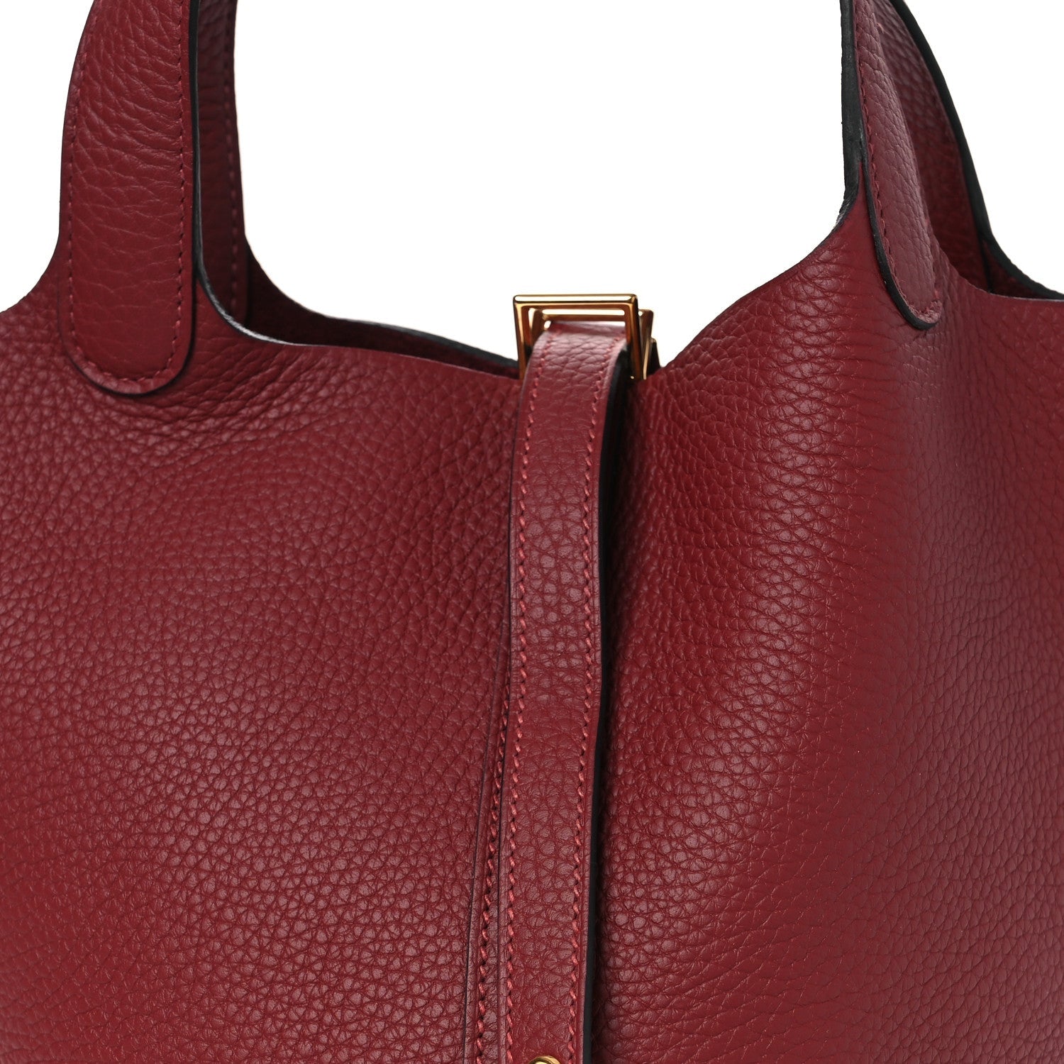 Burgundy leather tote with top opening and gold-tone turn-lock clasp