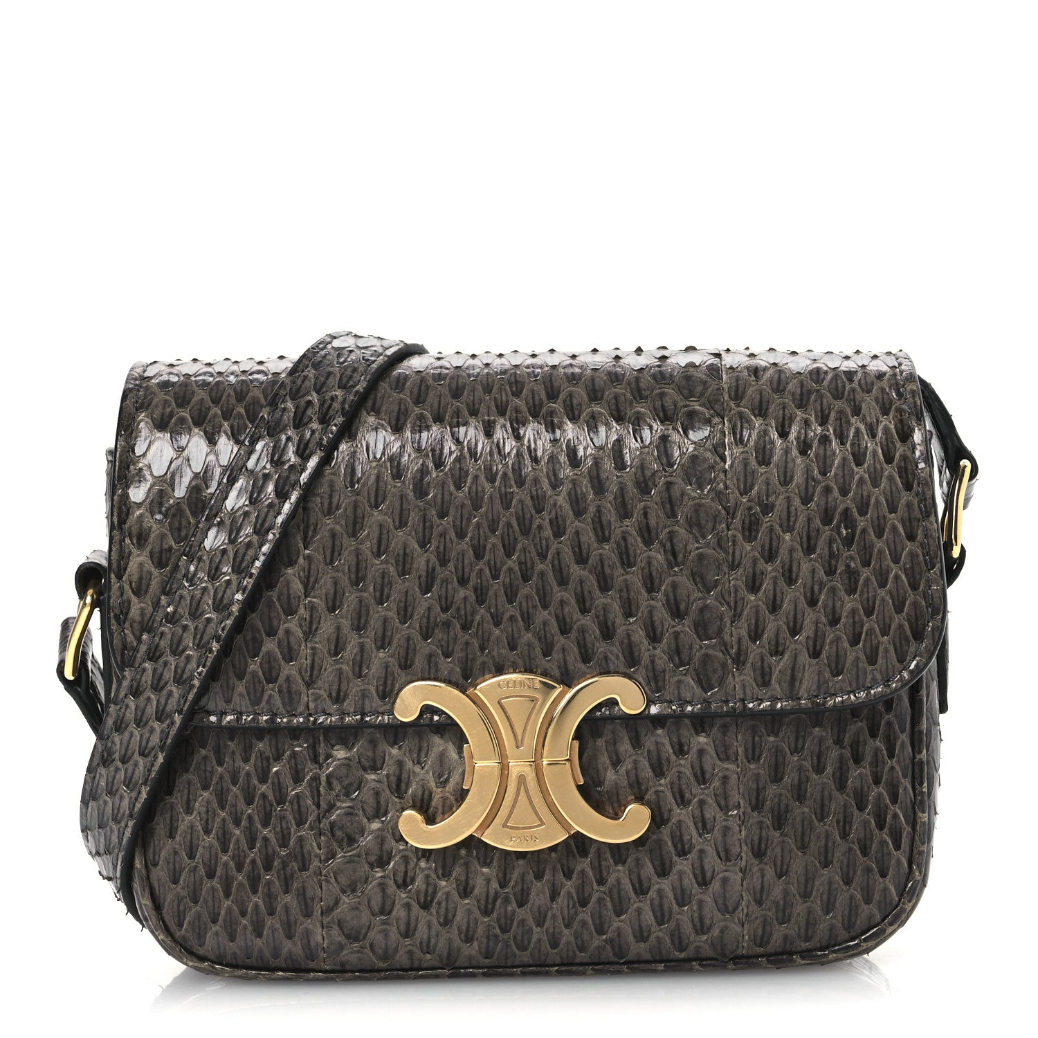 Grey snakeskin shoulder bag with gold-tone C logo and flap closure