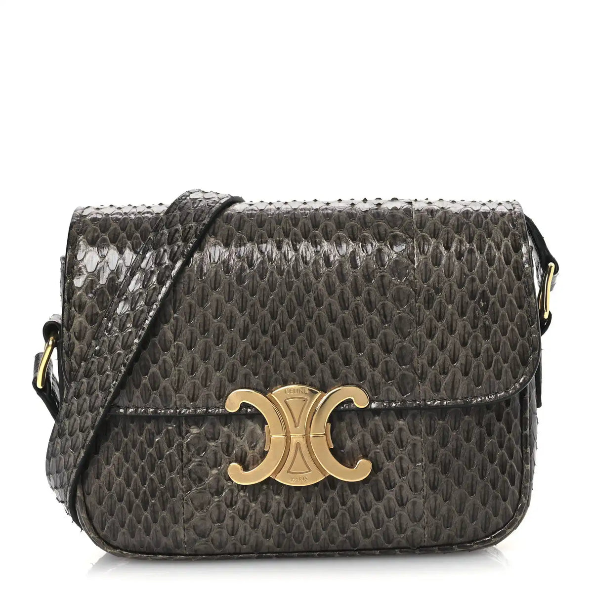 Grey snakeskin shoulder bag with gold-tone C logo and flap closure