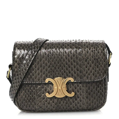 Grey snakeskin shoulder bag with gold-tone C logo and flap closure