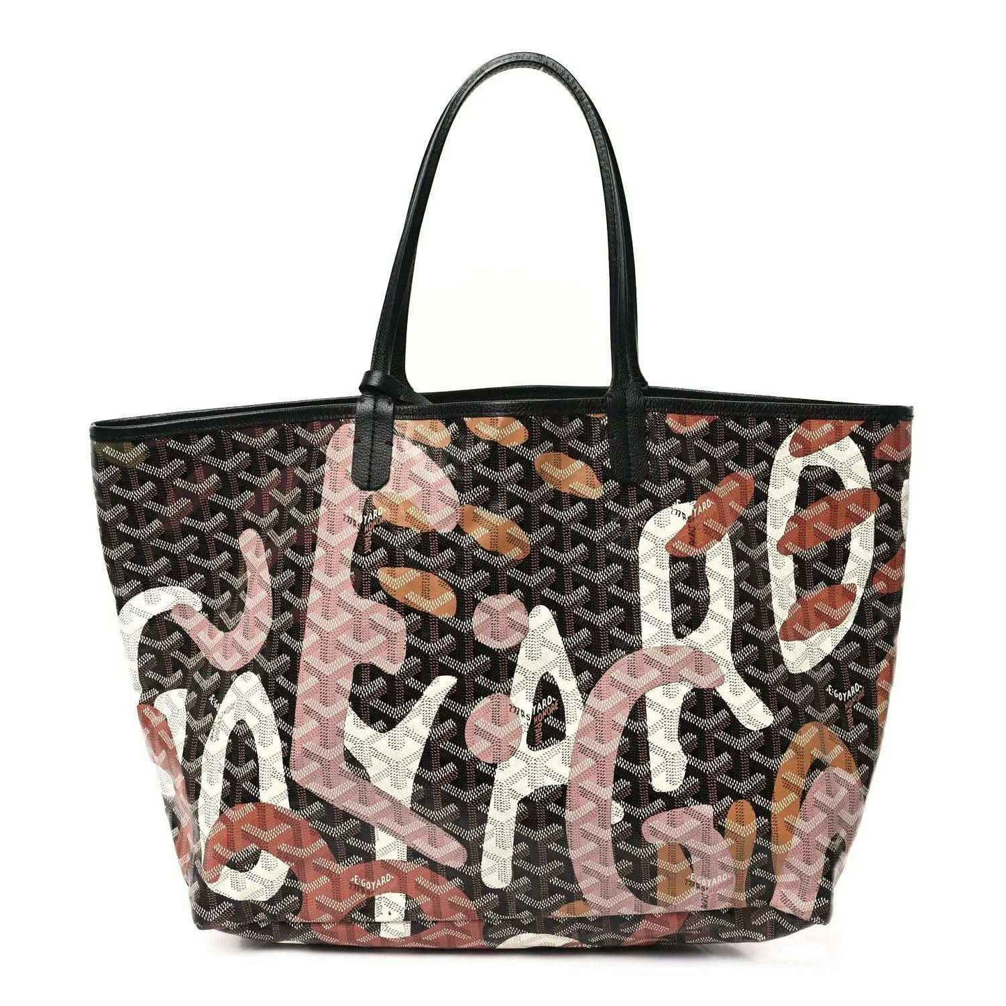 PM tote bag with black top handles and dark monogram canvas, featuring pink and orange lettering