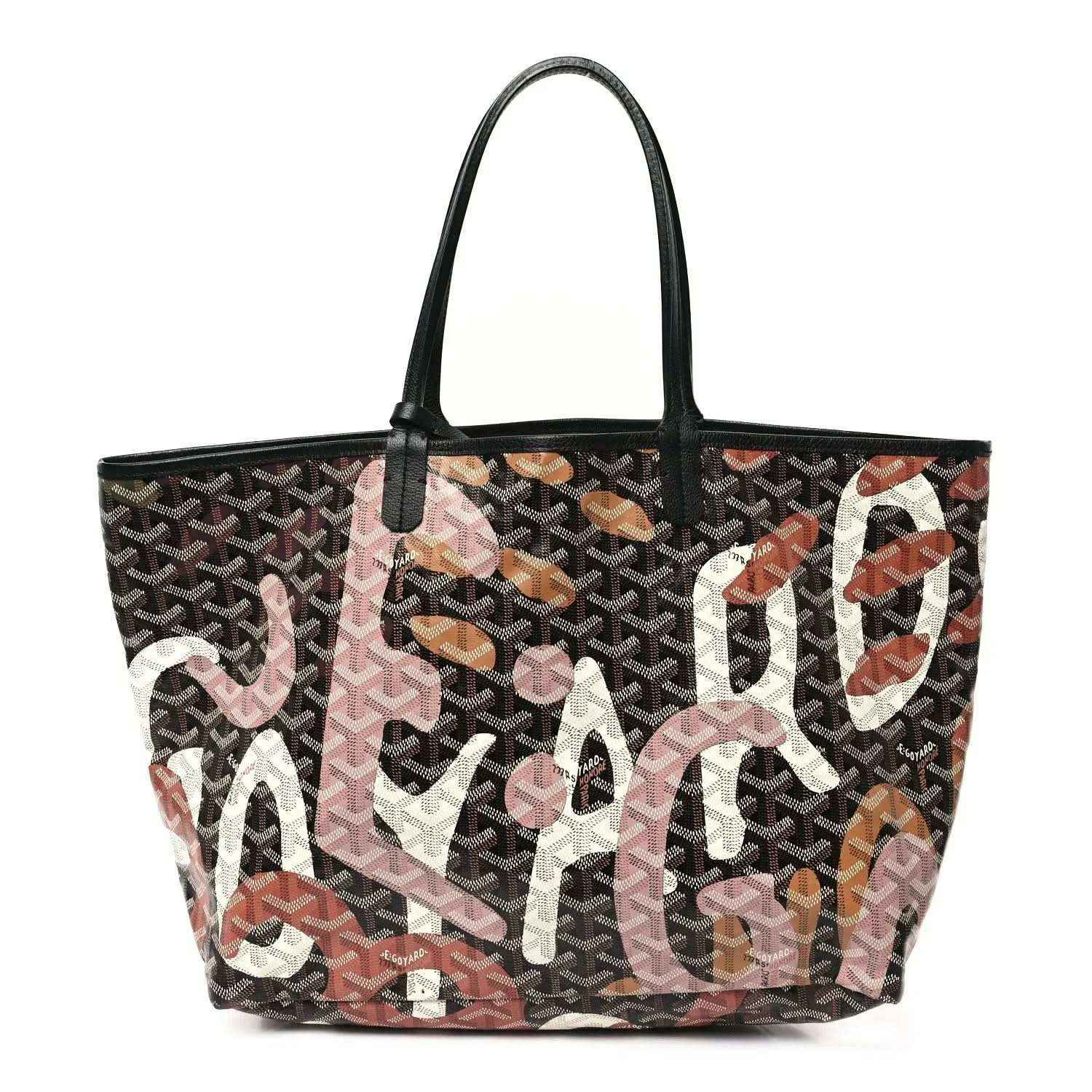 PM tote bag with black top handles and dark monogram canvas, featuring pink and orange lettering