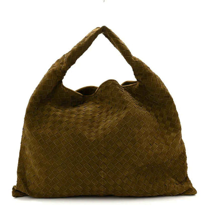 Olive suede intrecciato large hobo bag with top handles and open top
