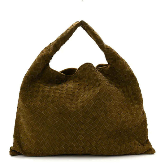 Olive suede intrecciato large hobo bag with top handles and open top