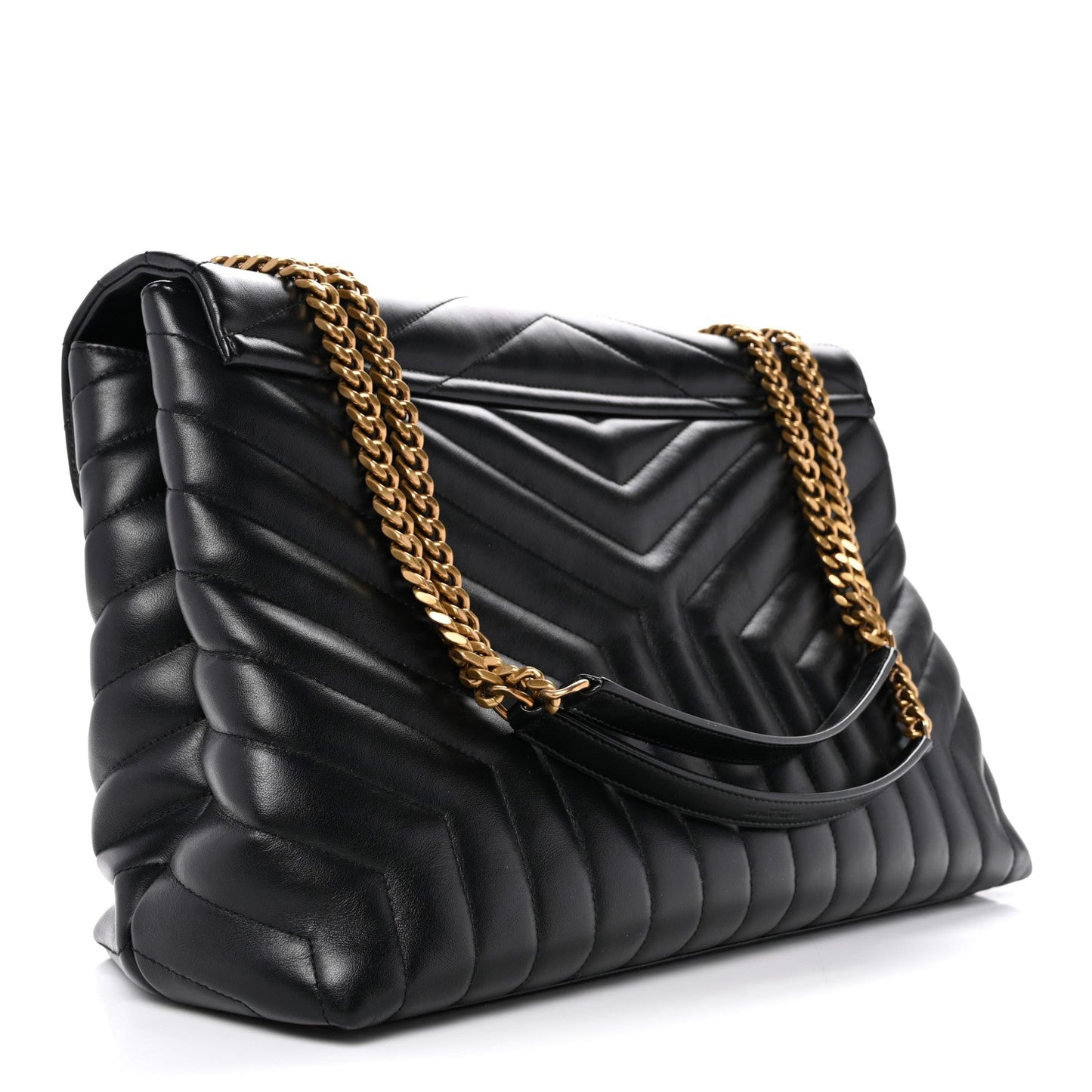 Black quilted calfskin satchel with gold chain strap and curved flap