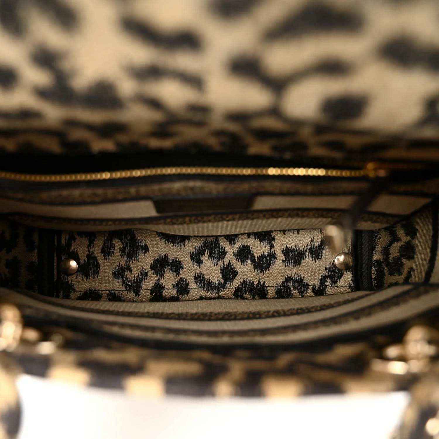 Christian Dior leopard canvas bag interior edge with zipper and gold trim