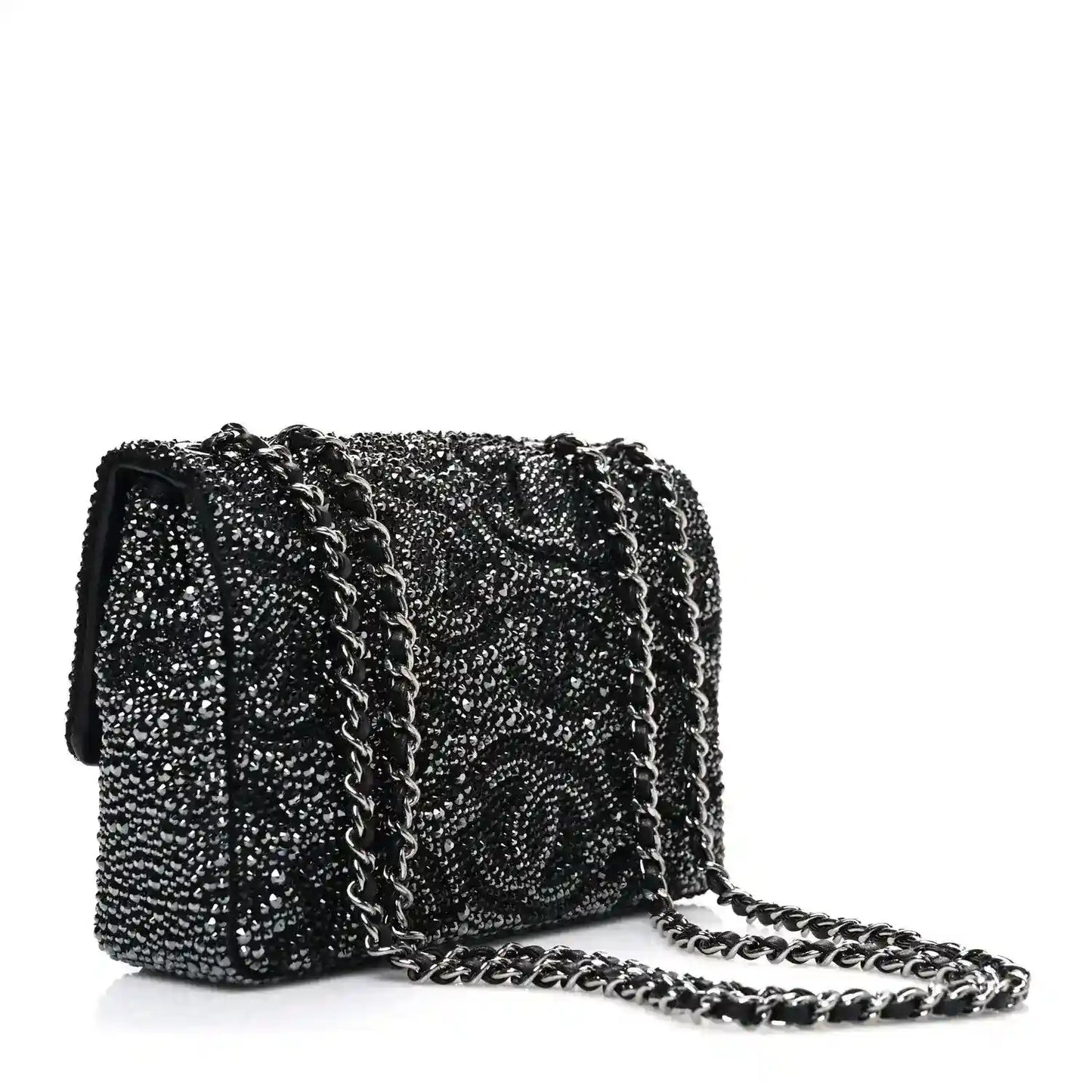 Black rhinestone small flap bag with CC medallion and long chain strap